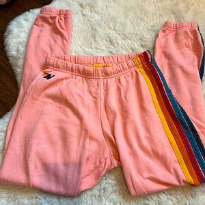 Aviator Nation Pink Track Pants with Rainbow Stripes
